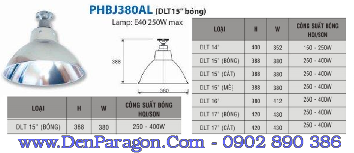 Thông số đèn downlight treo trần PHBJ380AL