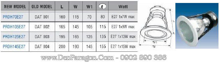 Thông số và bảng giá bóng đèn downlight âm trần Paragon PRDH70E27